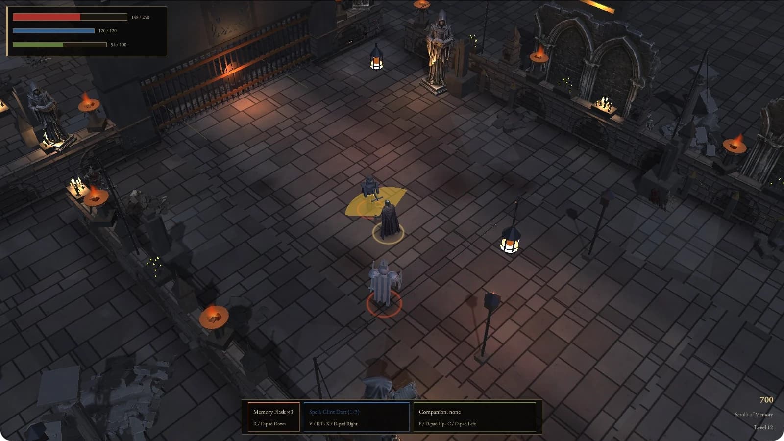 Dark Scrolls Cathedral Row seen from above: the armoured player beside a yellow attack-warning arc from one enemy while a second enemy closes in, between lantern-lit statues and gothic arches, with health, focus and stamina bars top left and flask, spell and companion slots along the bottom.