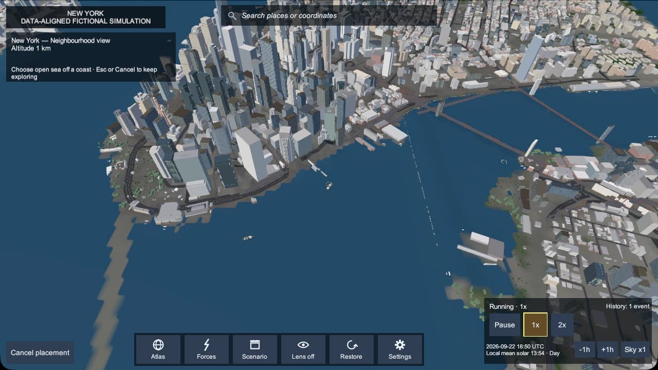 Disaster: Earth development build over Lower Manhattan at 1 km: dense towers down to the tip of the island, the Brooklyn Bridge crossing the East River to Brooklyn, a ferry on the water, and the game's label reading New York, data-aligned fictional simulation.