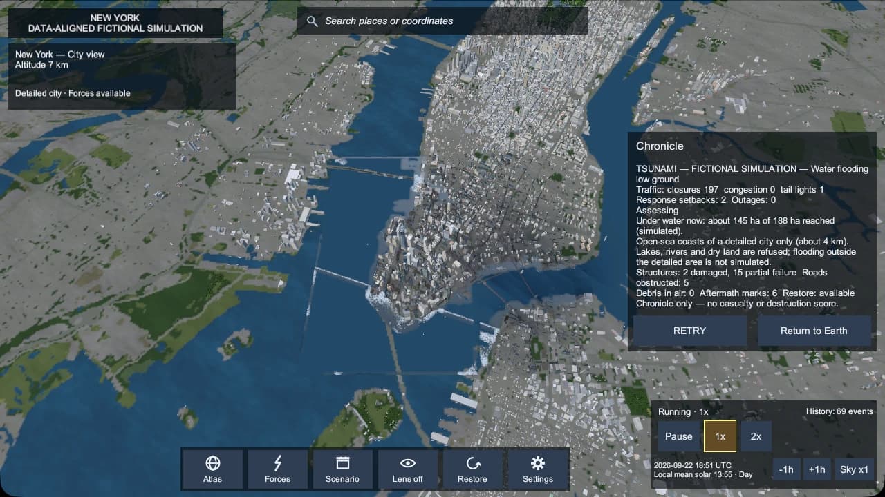 Disaster: Earth at 7 km over New York: all of Manhattan between the Hudson and East rivers with Brooklyn and Queens beyond, while a tsunami runs and the chronicle panel reports closures and flooded ground.