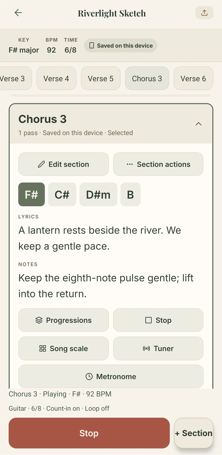 MusicSense Chorus 3 of the sample song Riverlight Sketch in F sharp major at 92 BPM in six-eight time: chords F sharp, C sharp, D sharp minor and B, a lyric line, a note to keep the pulse gentle, practice tools, and a Stop button while the section plays.