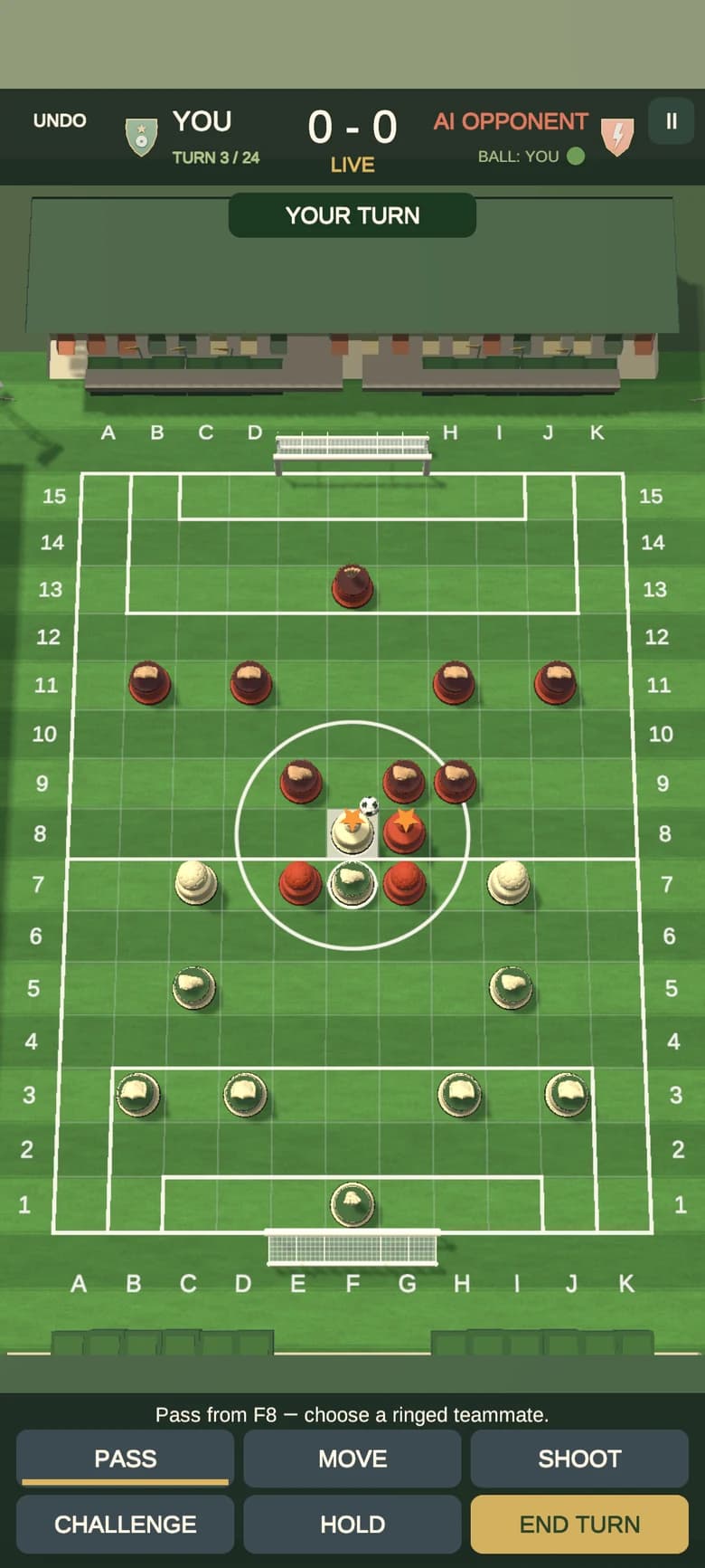 Pitch Tactics portrait match at turn 3 of 24, 0 to 0: the captain on F8 holds the ball in a crowded centre circle, teammates ringed as pass targets, with Pass, Move, Shoot, Challenge, Hold and End Turn controls below.