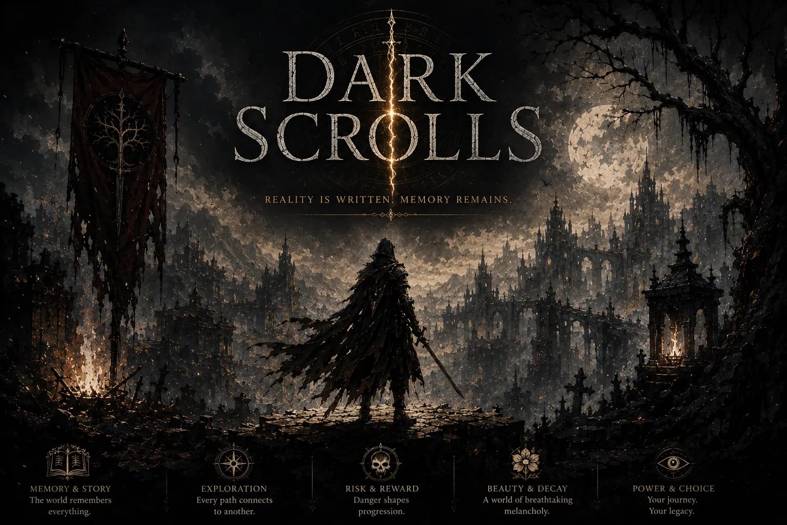 Dark Scrolls key art showing a cloaked warrior overlooking a dark fantasy city.