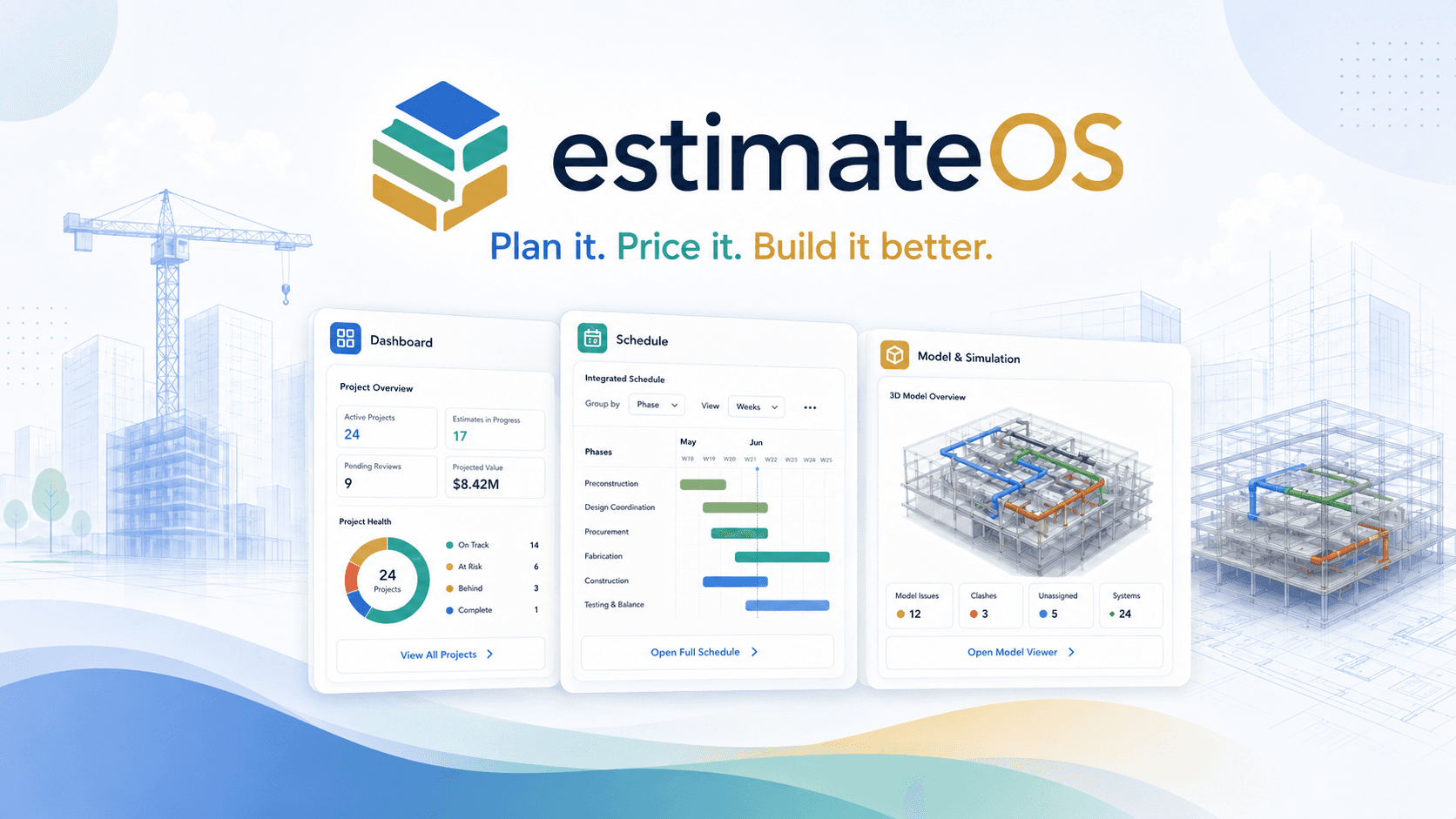 estimateOS concept art showing construction estimating, scheduling, and model-based planning.