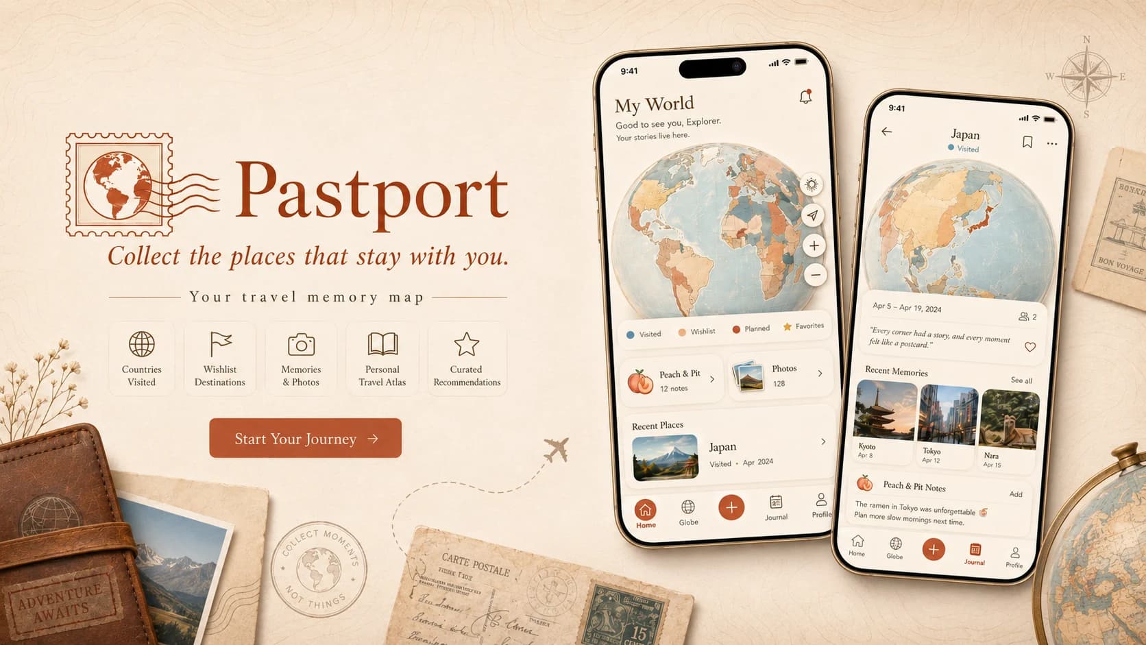 Pastport hero art showing a globe travel memory map, country tracking, peach and pit notes, and trip memories.