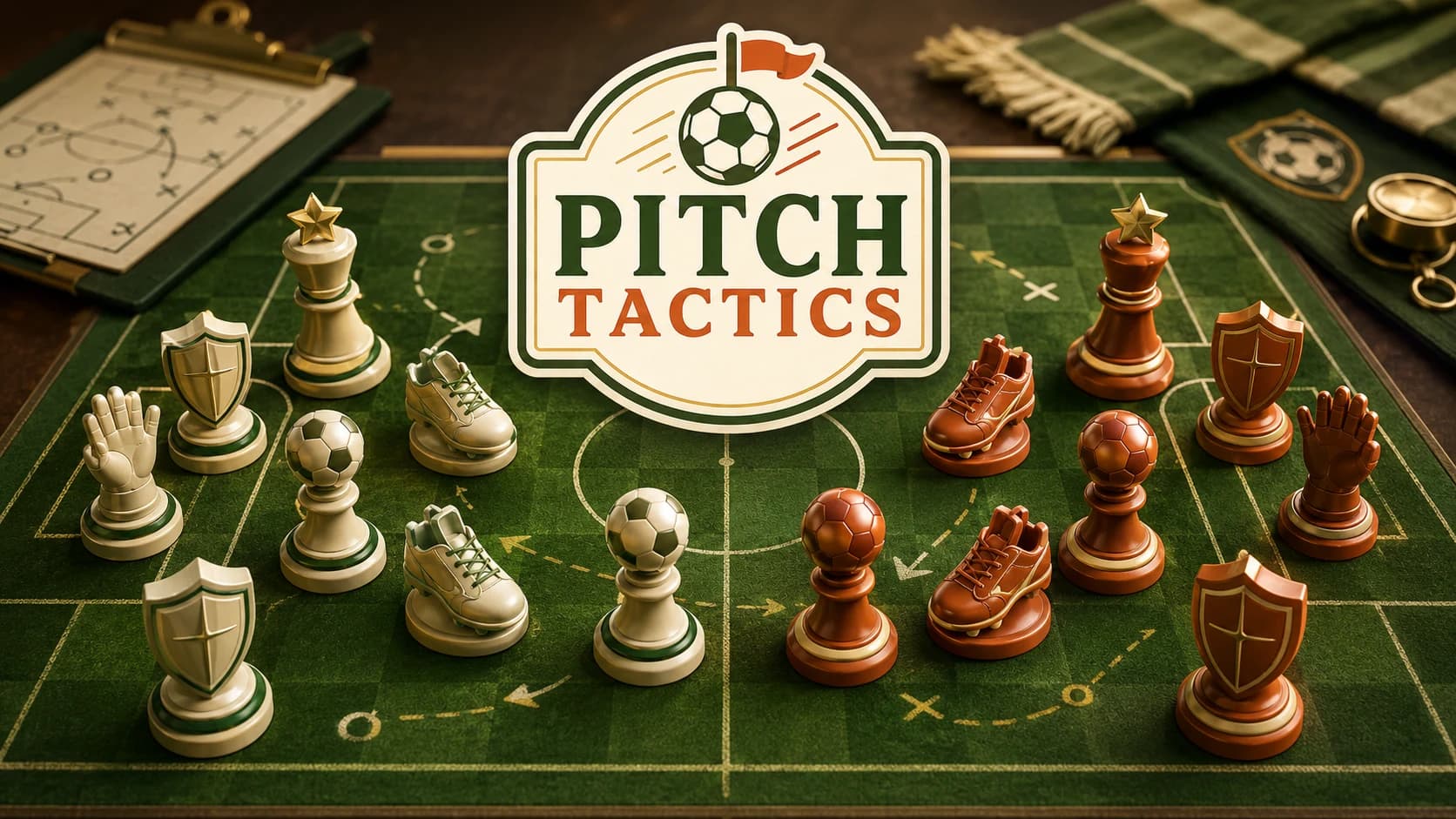 Pitch Tactics concept art showing turn-based soccer strategy branding and a tactical field-grid direction.