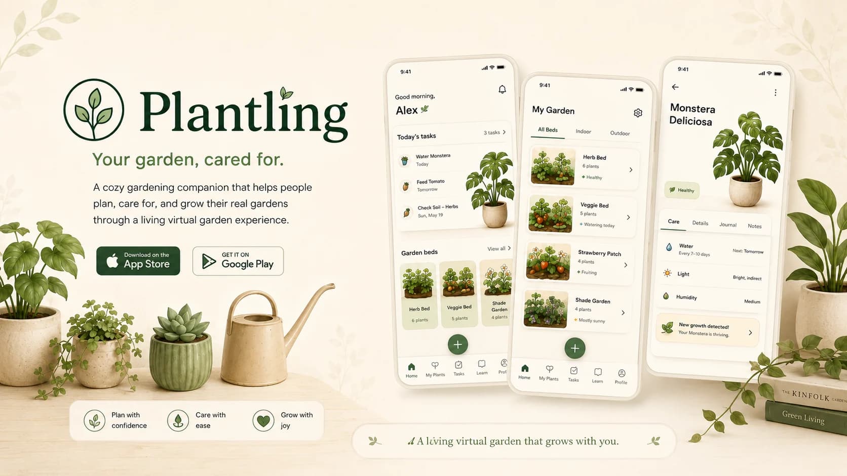 Plantling hero art showing a cozy gardening companion with plant care, garden beds, and virtual garden screens.