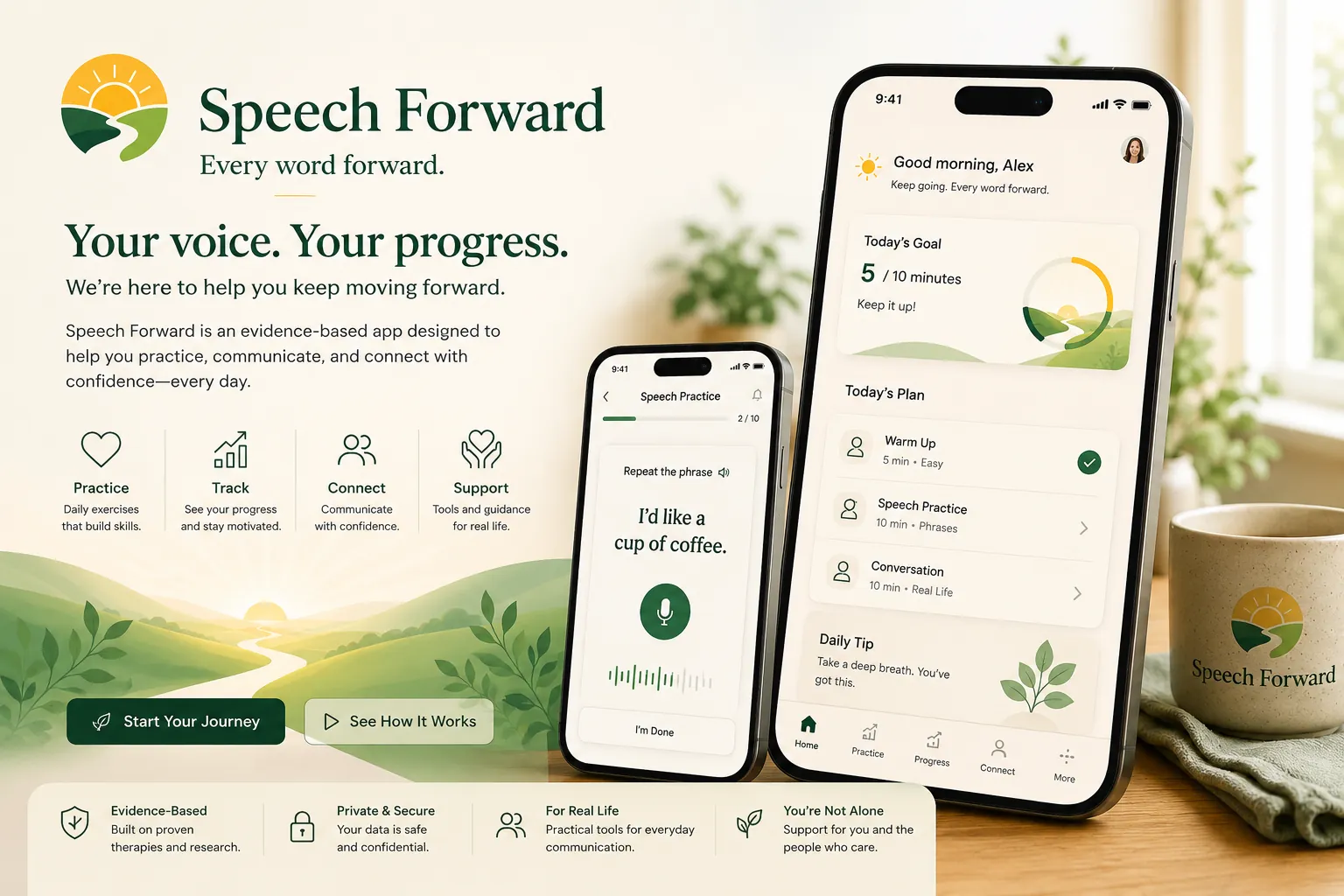 Speech Forward hero art showing supportive speech practice screens on mobile devices.